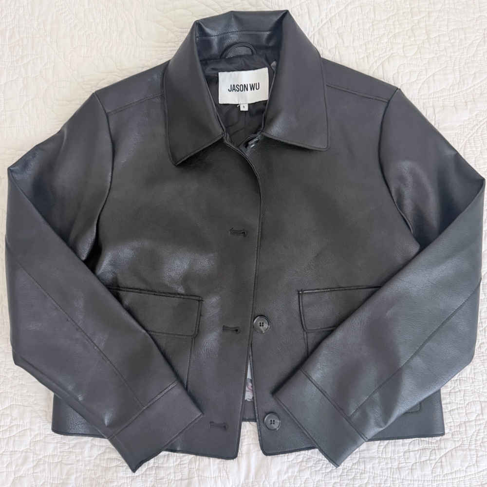 Jason Wu Black Faux Leather Jacket with Floral Lining